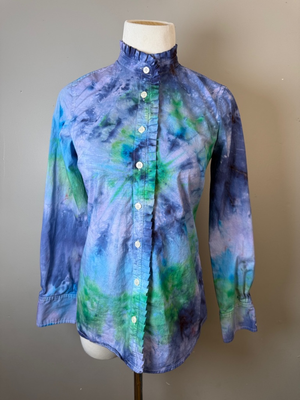 Tie-Dye Ruffled Button-Up Shirt in Blue & Green